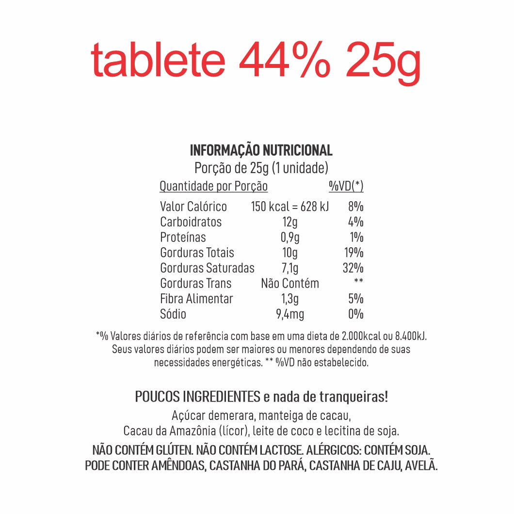 KIT C/ 8 MINI TABLETES 44% AO LEITE DE COCO 25g cada
