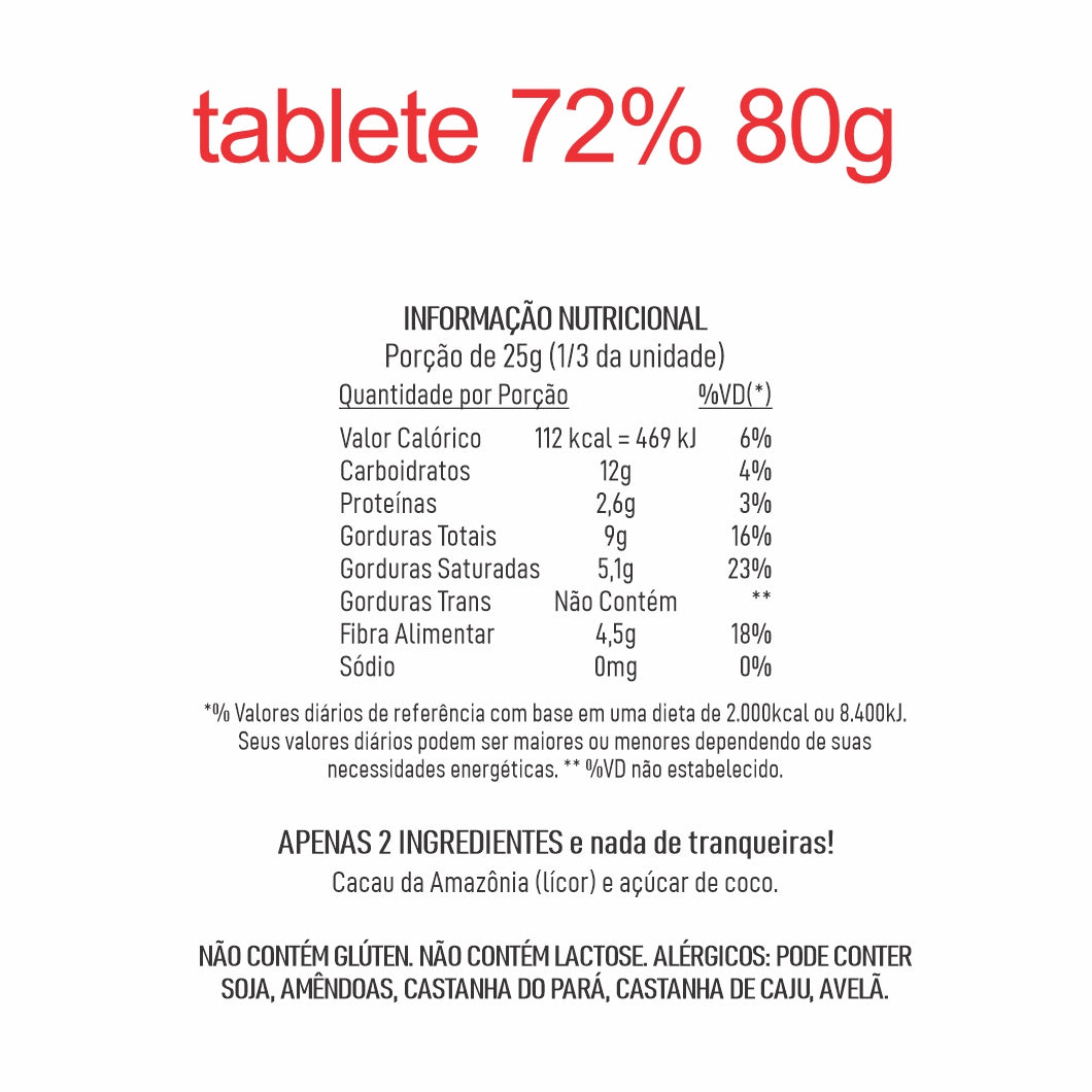 KIT C/ 4 BARRAS 72% CACAU E AÇÚCAR DE COCO 80g cada