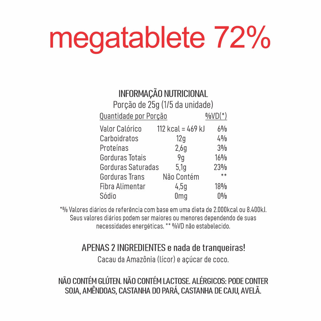 KIT C/ 3 MEGA TABLETES 72% CACAU E AÇÚCAR DE COCO 130g cada