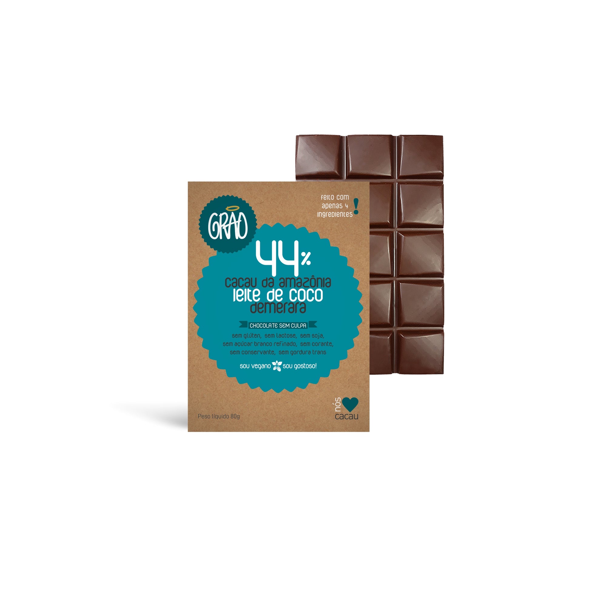 KIT C/ 4 BARRAS 44% AO LEITE DE COCO 80g cada – Grão Chocolates